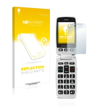 Front side of a product packaging with the brand logo upscreen. Next to it is the device Doro Primo 413 shown with the corresp