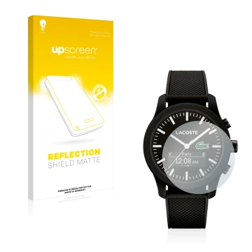 Front side of a product packaging with the brand logo upscreen. Next to it is the device Lacoste 12.12 Contact shown with the 