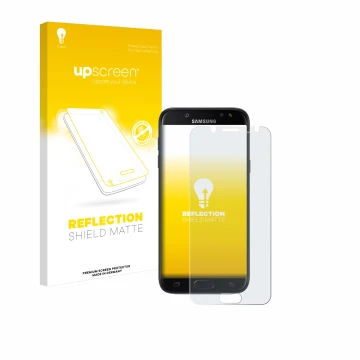 Front side of a product packaging with the brand logo upscreen. Next to it is the device Samsung Galaxy J5 2017 shown with the