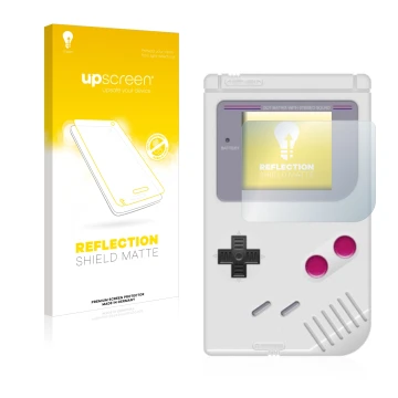 Front side of a product packaging with the brand logo upscreen. Next to it is the device Nintendo Gameboy (1989) shown with th