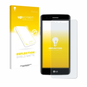 Front side of a product packaging with the brand logo upscreen. Next to it is the device LG K8 2017 shown with the correspondi