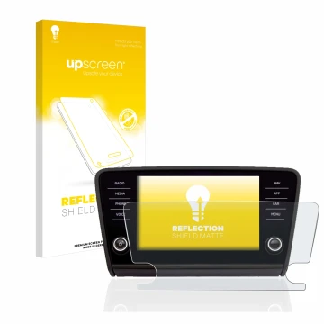 Front side of a product packaging with the brand logo upscreen. Next to it is the device Skoda Octavia 2017 Infotainment Syste