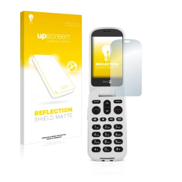 Front side of a product packaging with the brand logo upscreen. Next to it is the device Doro 6050 shown with the correspondin