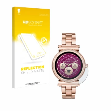 Front side of a product packaging with the brand logo upscreen. Next to it is the device Michael Kors Access Sofie shown with 