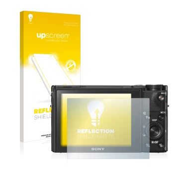 Front side of a product packaging with the brand logo upscreen. Next to it is the device Sony Cyber-Shot DSC-RX100 V shown wit