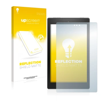 Front side of a product packaging with the brand logo upscreen. Next to it is the device Amazon Fire HD 8 2018 (8th Gen.) show