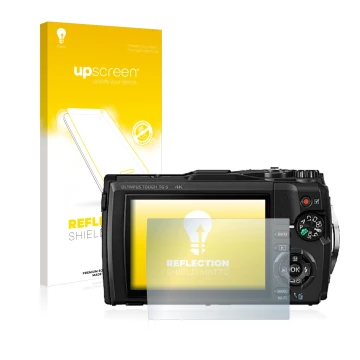 Front side of a product packaging with the brand logo upscreen. Next to it is the device Olympus Tough TG-5 shown with the cor