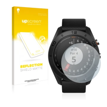 Front side of a product packaging with the brand logo upscreen. Next to it is the device Garmin Approach S60 shown with the co