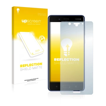 Front side of a product packaging with the brand logo upscreen. Next to it is the device Nokia 8 shown with the corresponding 