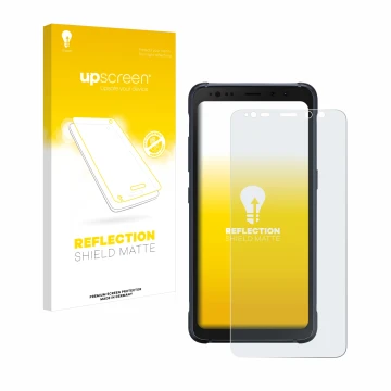 Front side of a product packaging with the brand logo upscreen. Next to it is the device Samsung Galaxy S8 Active shown with t