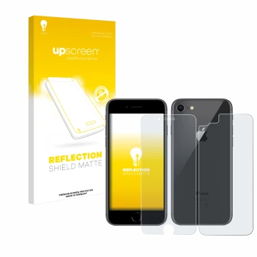 Front side of a product packaging with the brand logo upscreen. Next to it is the device Apple iPhone 8 (Front+Back) shown wit