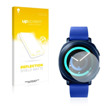 Front side of a product packaging with the brand logo upscreen. Next to it is the device Samsung Gear Sport shown with the cor
