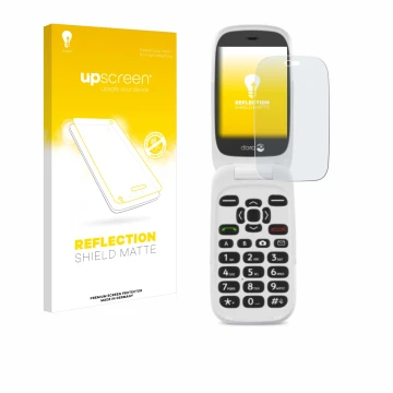 Front side of a product packaging with the brand logo upscreen. Next to it is the device Doro 6520 shown with the correspondin