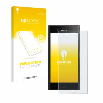 Front side of a product packaging with the brand logo upscreen. Next to it is the device Sony Xperia XZ1 shown with the corres