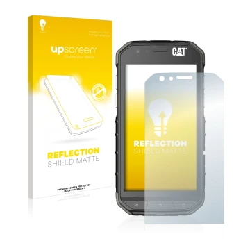 Front side of a product packaging with the brand logo upscreen. Next to it is the device Caterpillar Cat S31 shown with the co