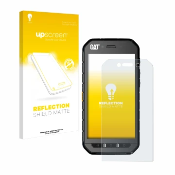 Front side of a product packaging with the brand logo upscreen. Next to it is the device Caterpillar Cat S41 shown with the co