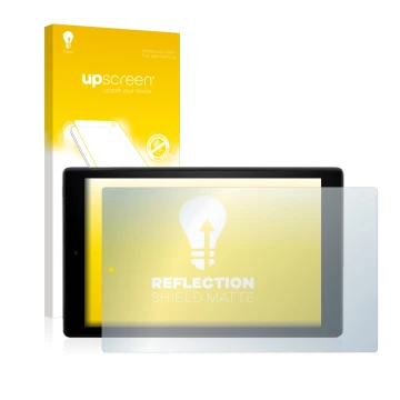 Front side of a product packaging with the brand logo upscreen. Next to it is the device Amazon Fire HD 10 2017 (7th Gen.) sho