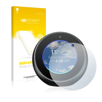 Front side of a product packaging with the brand logo upscreen. Next to it is the device Amazon Echo Spot shown with the corre