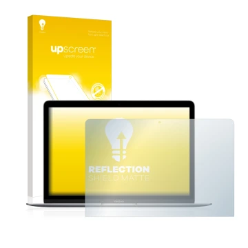 Front side of a product packaging with the brand logo upscreen. Next to it is the device Apple MacBook Retina 12