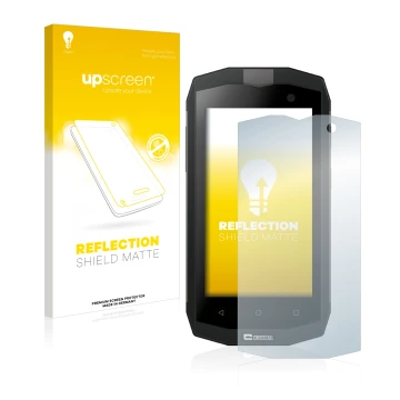 Front side of a product packaging with the brand logo upscreen. Next to it is the device Crosscall Trekker M1 shown with the c