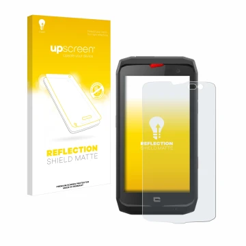 Front side of a product packaging with the brand logo upscreen. Next to it is the device Crosscall Action X3 shown with the co