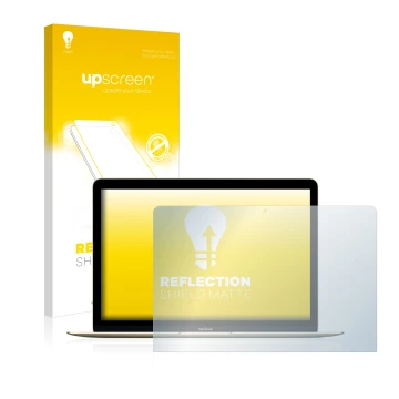 Front side of a product packaging with the brand logo upscreen. Next to it is the device Apple MacBook Retina 12