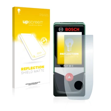 Front side of a product packaging with the brand logo upscreen. Next to it is the device Bosch PLR 50 C shown with the corresp