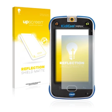 Front side of a product packaging with the brand logo upscreen. Next to it is the device Vtech Kidicom Max shown with the corr