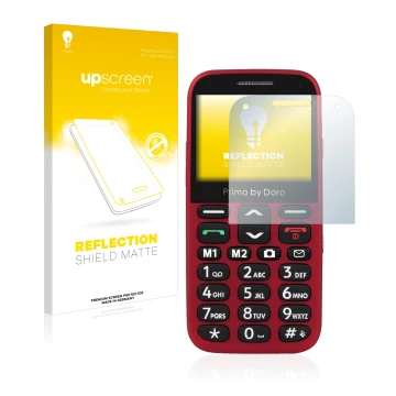 Front side of a product packaging with the brand logo upscreen. Next to it is the device Doro Primo 366 shown with the corresp