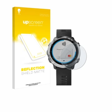 Front side of a product packaging with the brand logo upscreen. Next to it is the device Garmin Forerunner 645 shown with the 