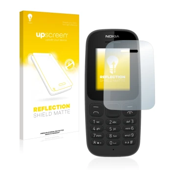 Front side of a product packaging with the brand logo upscreen. Next to it is the device Nokia 105 2017 shown with the corresp