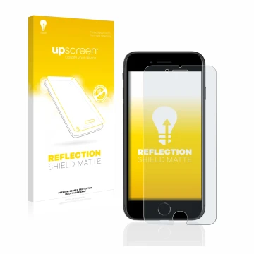 Front side of a product packaging with the brand logo upscreen. Next to it is the device Apple iPhone SE 2 2020 shown with the