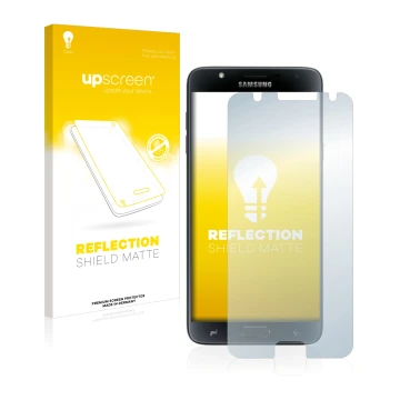 Front side of a product packaging with the brand logo upscreen. Next to it is the device Samsung Galaxy J7 Duo 2018 shown with