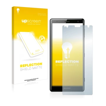 Front side of a product packaging with the brand logo upscreen. Next to it is the device Sony Xperia XZ2 shown with the corres