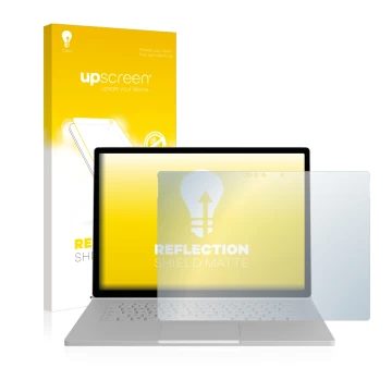 Front side of a product packaging with the brand logo upscreen. Next to it is the device Microsoft Surface Book 2 15