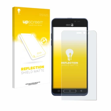 Front side of a product packaging with the brand logo upscreen. Next to it is the device Doro 8035 shown with the correspondin