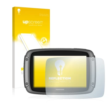 Front side of a product packaging with the brand logo upscreen. Next to it is the device TomTom Rider 500 shown with the corre