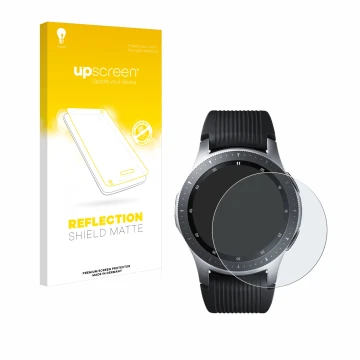 Front side of a product packaging with the brand logo upscreen. Next to it is the device Samsung Galaxy Watch (46 mm) shown wi