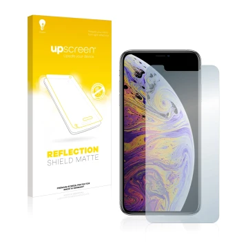 Front side of a product packaging with the brand logo upscreen. Next to it is the device Apple iPhone Xs Max shown with the co