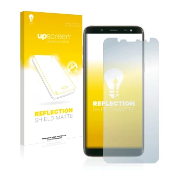 Front side of a product packaging with the brand logo upscreen. Next to it is the device Samsung Galaxy J6 2018 shown with the