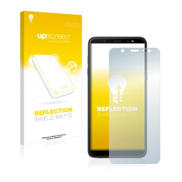 Front side of a product packaging with the brand logo upscreen. Next to it is the device Samsung Galaxy J8 2018 shown with the