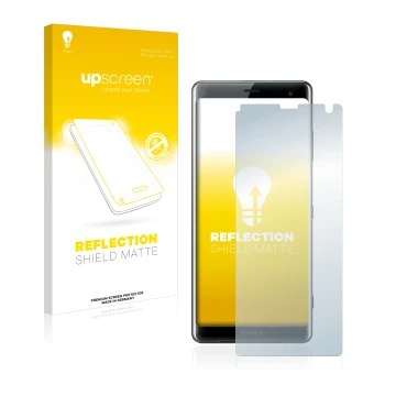 Front side of a product packaging with the brand logo upscreen. Next to it is the device Sony Xperia XZ3 shown with the corres