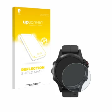 Front side of a product packaging with the brand logo upscreen. Next to it is the device Garmin Fenix 5 Plus (47 mm) shown wit