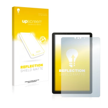 Front side of a product packaging with the brand logo upscreen. Next to it is the device Samsung Galaxy Tab S4 10.5 shown with