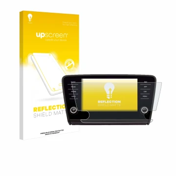 Front side of a product packaging with the brand logo upscreen. Next to it is the device Skoda Amundsen Superb 2018 Infotainme