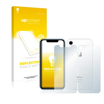 Front side of a product packaging with the brand logo upscreen. Next to it is the device Apple iPhone XR (Front+Back) shown wi