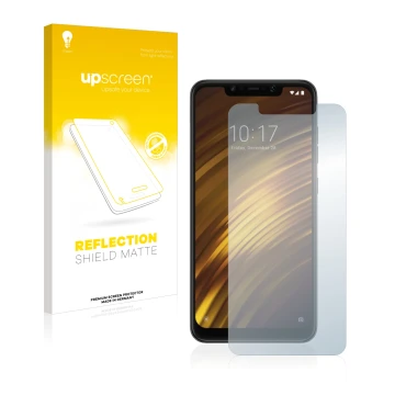 Front side of a product packaging with the brand logo upscreen. Next to it is the device Xiaomi Pocophone F1 shown with the co