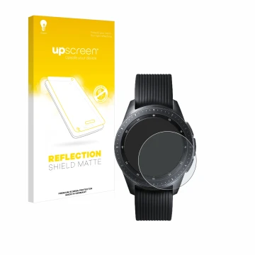 Front side of a product packaging with the brand logo upscreen. Next to it is the device Samsung Galaxy Watch (42 mm) shown wi