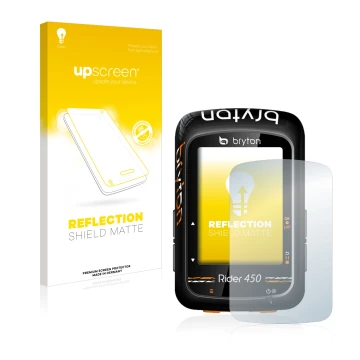 Front side of a product packaging with the brand logo upscreen. Next to it is the device Bryton Rider 450 shown with the corre