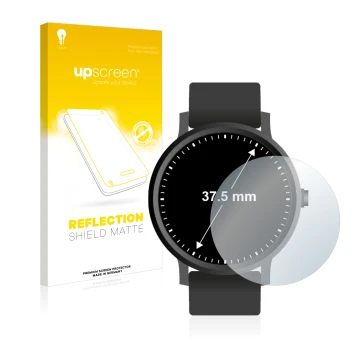 Front side of a product packaging with the brand logo upscreen. Next to it is the device Watches (Circular, ø: 37.5 mm) shown 
